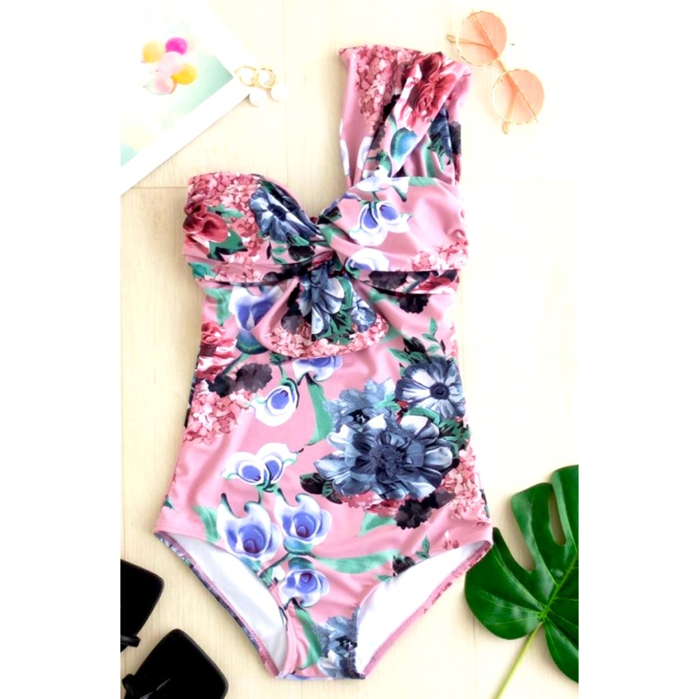 Knot Floral One Shoulder One-Piece Swimsuit L